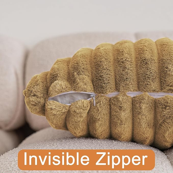 Double-Sided Faux Fur Plush Throw Pillow Covers 12x20 Set of 2 Fuzzy Striped Soft Cozy Pillowcase Luxury Decorative Lumbar Pillows Fluffy Rectangle Cushion Cover for Couch Bed,Camel