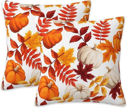 Fall Pillow Covers 18X18 Set of 2, Fall Pumpkins Maple Leaves Decorative Throw Pillow Covers, Autumn Thanksgiving Harvest Pillow Cover Pillowcase Cushion Case for Home Sofa Couch Indoor Outdoor