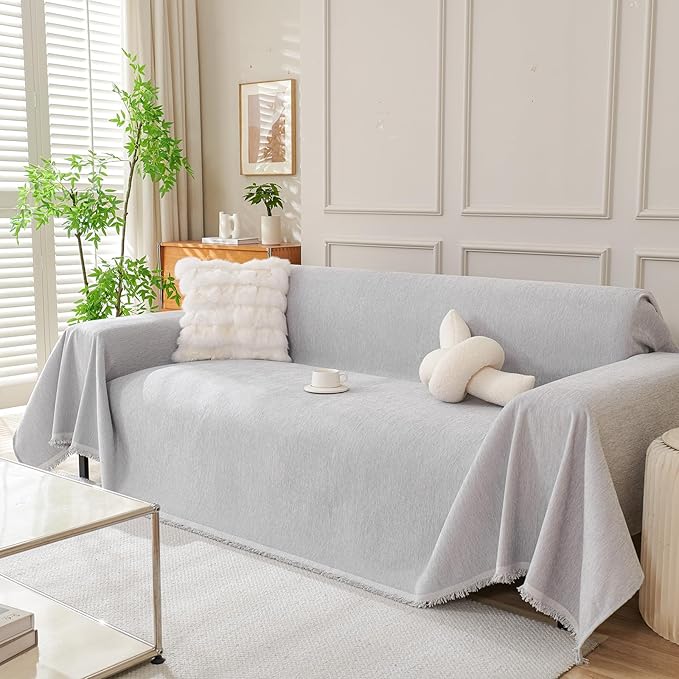 DREAMINGO Sofa Covers Washable Thick Chenille Couch Cover for 2 Cushion Couch Sofa Multi-Use Couch Cover Blanket Modern Pet Furniture Protector Sectional Couch Slipcover 71"x118", Light Grey