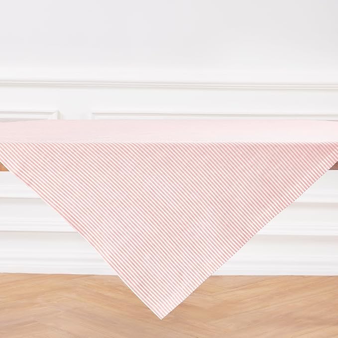 Solino Home Linen Striped Tablecloth 52 x 52 Inch - 100% Pure Linen Peach and White Square Table Throw - Narrow Stripe, Machine Washable Tablecloth