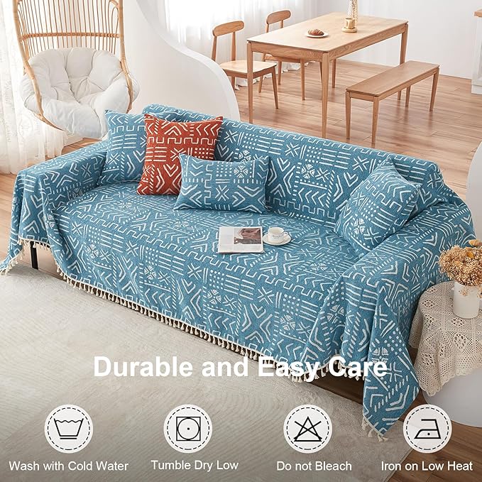 VClife Boho Blue White Couch Cover Plush Soft Chenille Couch Cover for 3-4 Cushion Couch Sofa, 1 PC Washable Breathable Bohemian Sofa Cover for Sectional Couch Thick Furniture Protector 71" x 150"