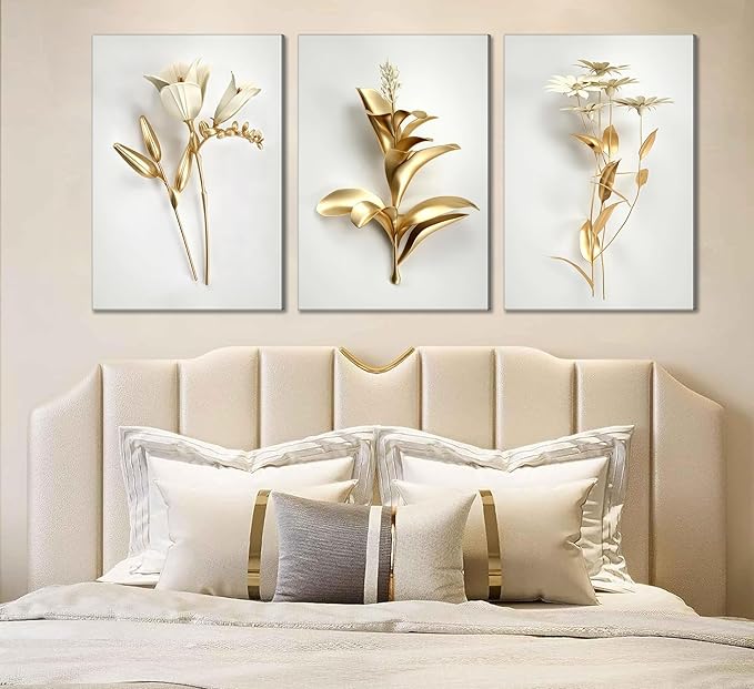 3Pcs Abstract Golden Flower Canvas Wall Art Modern Luxury Minimalism Nordic Floral Plant Painting Picture Wall Decor Poster Print Artwork for Living Room Bedroom Home Decoration