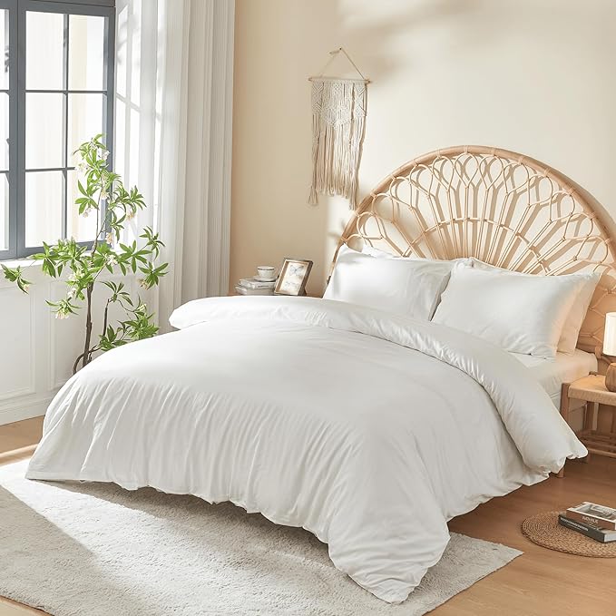 DOZ 100% Long Staple Cotton Duvet Cover Set, Soft Sateen Weave Cotton, Smooth, Breathable, Hotel Comfort, 90"x90", 8 Loops, 3pc – 2 Pillowcases 1 Duvet Cover (Snow, Full/Queen)