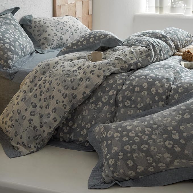 mixinni Leopard Duvet Cover Queen Size, Premium Yarn-Dyed Jacquard Cotton Duvet Cover with Grey Leopard Print, Farmhouse Bedding Set with Edge Design, Perfect for Him and Her-(Queen Size, Grey)