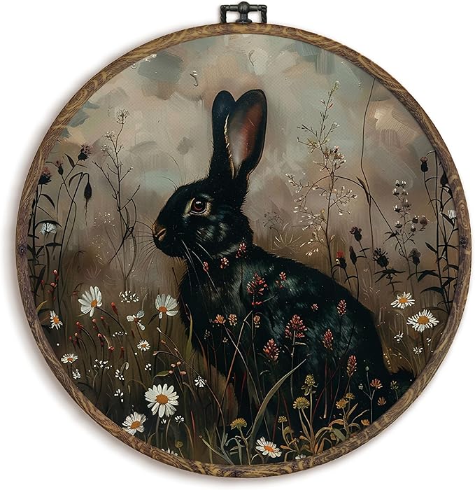 KFXHANGD Vintage Witchy Black Bunny Round Wall Art Framed,Decor, Cottagecore Rabbit Canvas Wall Art Decor, Dark Academia Bunny Floral Hanging Decor for Farmhouse Bathroom Living Room, 10x10in