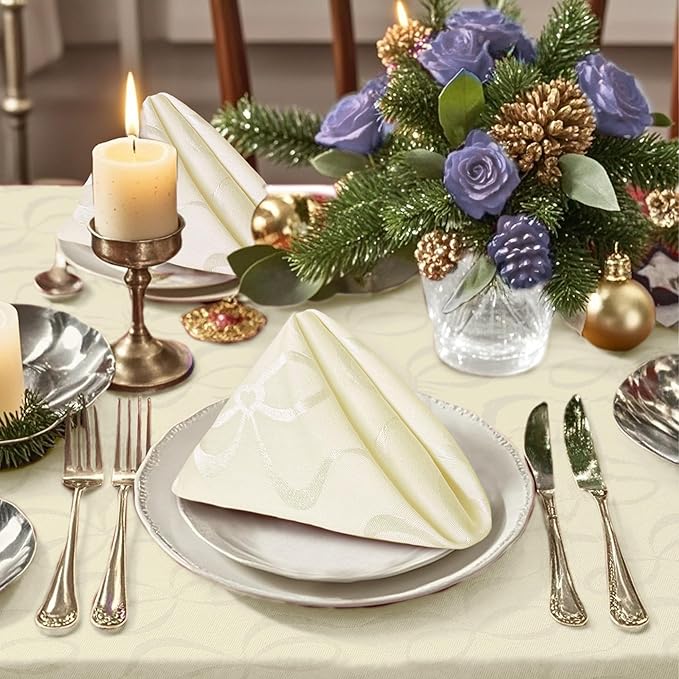 Ivory Napkins Cloth, Fabric Napkins Set of 12 (18"x18") - Cotton & Polyester, Wrinkle/Fade Resistant - Dinner Napkin Cloth Washable, Jacquard Napkin for Banquet, Party & Wedding, Champagne Bows