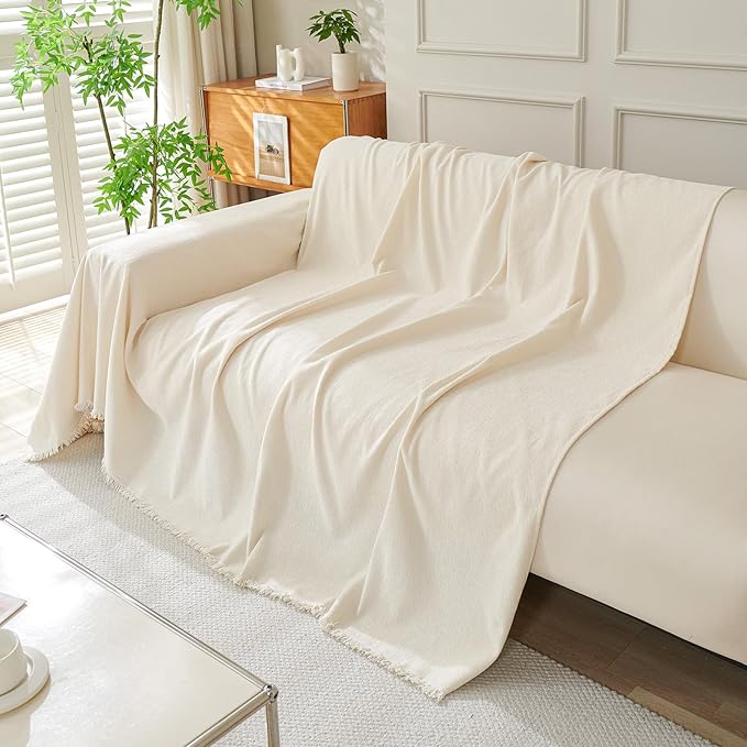 DREAMINGO Sofa Covers Washable Thick Chenille Couch Cover for 2 Cushion Couch Sofa Multi-Use Couch Cover Blanket Modern Pet Furniture Protector Sectional Couch Slipcover 91"x118", Beige White