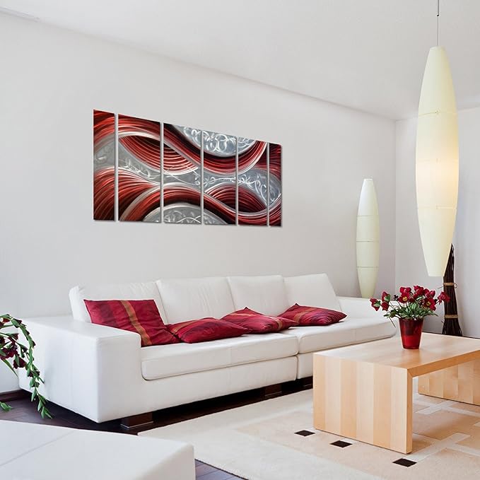 Handmade Abstract Metal Wall Art with Soft Color, Large Scale Decor in Dark Red Line Design Metal Art, 3D Artwork for Indoor Outdoor Wall Decorations, Decorative hanging in 6-Panels Measures 24"x 65"