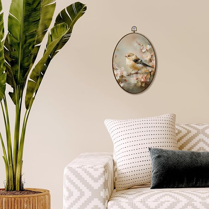 JQF Vintage Bird Floral Oval Wall Decor, Farmhouse Rustic Sparrow Floral Oval Canvas Wall Art, Retro Cottagecore Bird on Branch Framed Prints Hanging Decor for Home Bedroom Living Room, 8.5x11.5 Inch
