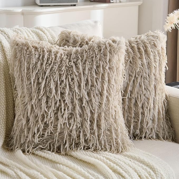 FUTEI Khaki Decorative Throw Pillow Covers 22x22 Inch Set of 2,Soft Fluffy Faux Feather Texture Cushion Cases,Modern Home Luxury Decor for Couch Bed Living Room