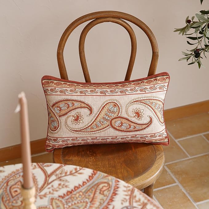 ISAENNE Design Linen Classic Vintage Throw Pillow Covers 12"x20" Pack of 2, Lumbar Cushion Covers with Orange Yellow Paisley Style Pattern Decoration Pillowcases for Bed,Living Room,Outdoor,Car