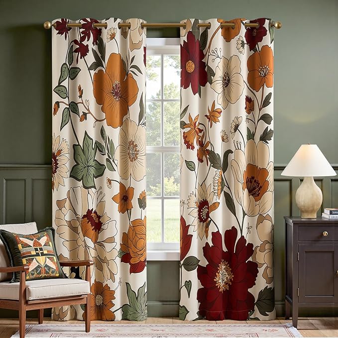 jinchan Lora Floral Curtains for Bedroom Living Room 95% Blackout Drapes Darkening Fabric Fall Decor Winter Vintage Flower Pattern Printed Window Curtains 84 Inch Length 4 Panels with Grommet Beige