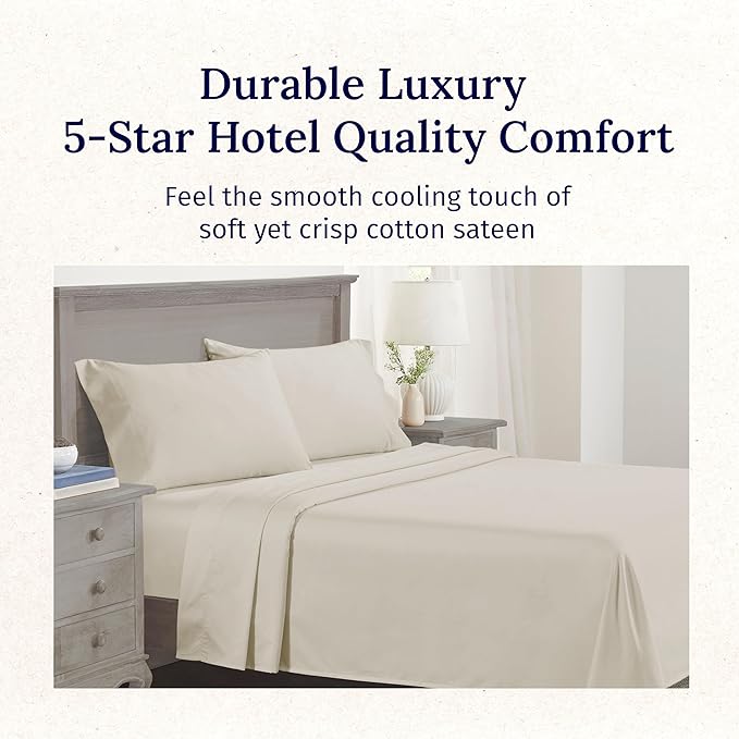 California Design Den Split King Sheet Set - 100% Cotton, 600 Thread Count Sateen, Breathable Luxury King Size Sheets for Adjustable Bed, Luxury Soft Hotel Quality Sheets - Ivory (Warm Cream)
