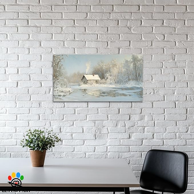 GUTTATY Christmas Winter Scene Canvas Wall Art, Cozy Cabin Snow Landscape Canvas Prints, Tranquil Forest Wall Painting, Serene Winter Pictures Poster for Living Room, Bedroom, Office Decor, 48x24 Inch