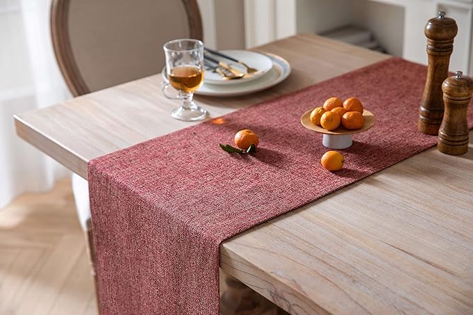 ZeeMart Burlap Style Farmhouse Table Runners 108 Inches Long, Red Rustic Woven Dining Table Runner for Everyday Use, 14x108 Inches, Red