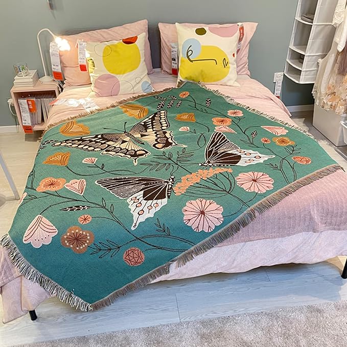 Double-Sided Cotton Woven Throw Blanket with Tassel Jungle Bohemian Style Tapestry Shawl Multi-Function Decorative Throws for Sofa Bed Armchair Camping Blanket Tablecloth Carpet 160x130cm