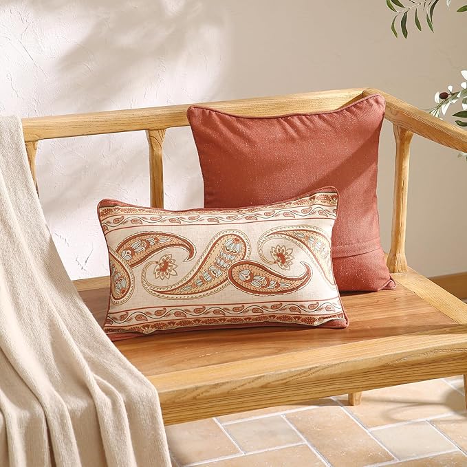 ISAENNE Design Linen Classic Vintage Throw Pillow Covers 12"x20" Pack of 2, Lumbar Cushion Covers with Orange Yellow Paisley Style Pattern Decoration Pillowcases for Bed,Living Room,Outdoor,Car
