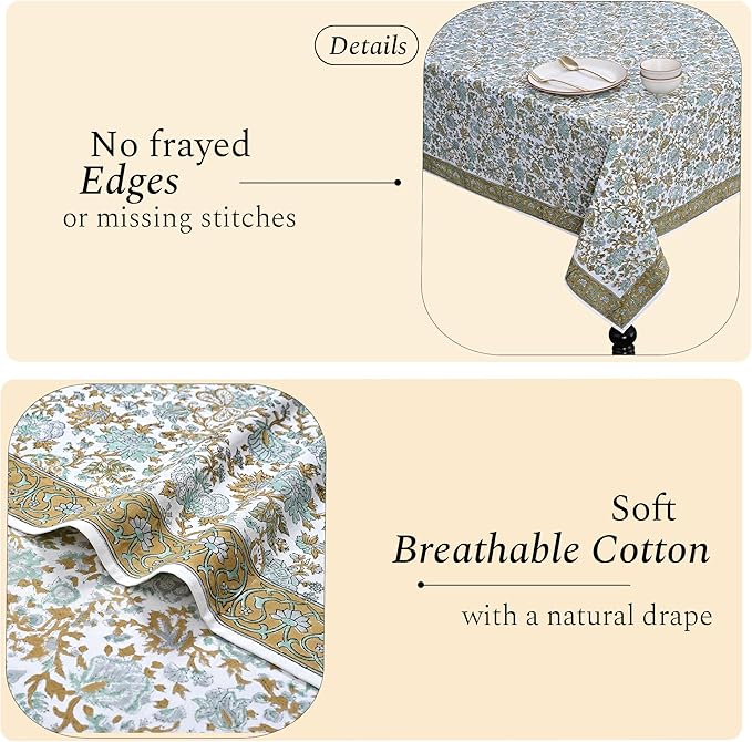 CPC Tablecloth 100% Cotton 60x90 Inch Indian Block Print Rectangle Table Cover, Washable Table Cloth for Weddings, Spring/Summer, Barbeque - Topaz Blue