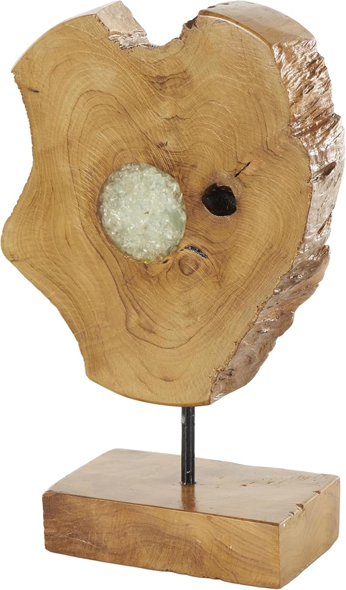 Deco 79 Teak Wood Abstract Decorative Sculpture Home Decor Statue with Resin Embedded, Accent Figurine 10" x 4" x 12", Brown