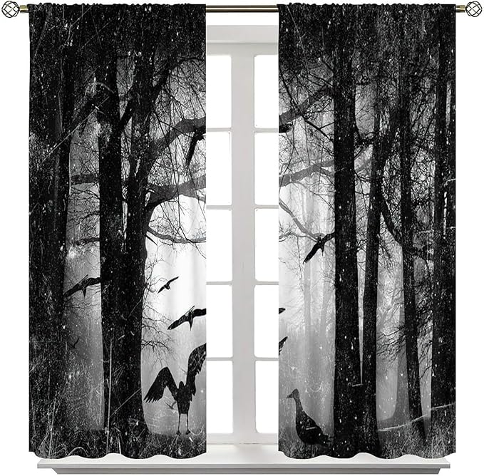 Gothic Forest Blackout Window Curtains, Halloween Style Foggy Forest Dead Trees Crow Print Curtains, for Bedroom Living Room 31.5(W)*72(L) 2 Panels