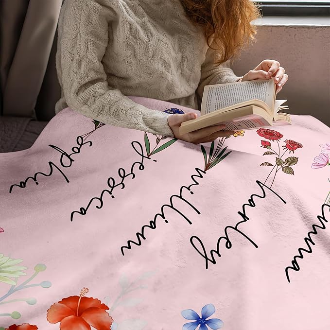 Ships Next Day, Personalized Christmas Mom Blanket Gift, Custom Blanket with Kids Name and Birth Month Flowers, Birthday Gifts for Mom from Daughter Son, Personalized Gifts for Grandma,Wife