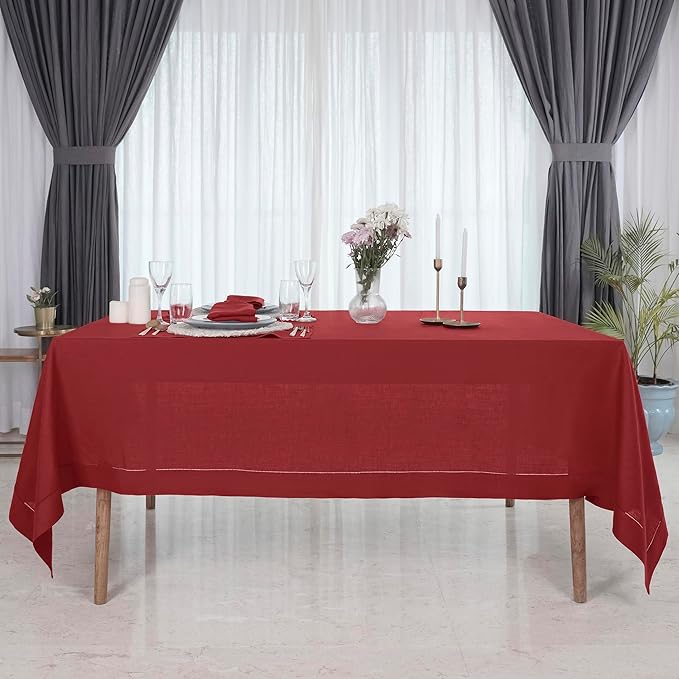 D'Moksha Homes Red Linen Tablecloth for Rectangle Tables 60 x 144 Inch - 100% Pure Linen Red Table Cloth - Classic Hemstitch, Machine Washable Dining Tablecloth for Thanksgiving, Christmas, Holiday