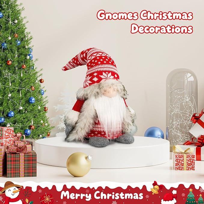 Gnomes Christmas Decorations - Red Plush Holiday Gnome Figurine with Faux Fur Cloak, Cute Nordic Tabletop Accent for Mantel, Shelf, Office or Festive Idea