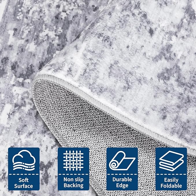 Modern Abstract Runner Rug 2x7 Washable Non Slip Stain Resistant Rug for Bedroom Living Room Non Shedding Low Pile Indoor Floor Cover,Light Grey