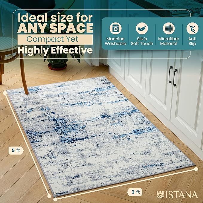 Istana 3x5 Area Rug - Blue/White Modern Rugs for Living Room 3x5 - Foldable Rugs for Bedroom/Living Room Rug - Stain Resistant Washable Rug - Eco-Friendly Small Area Rugs