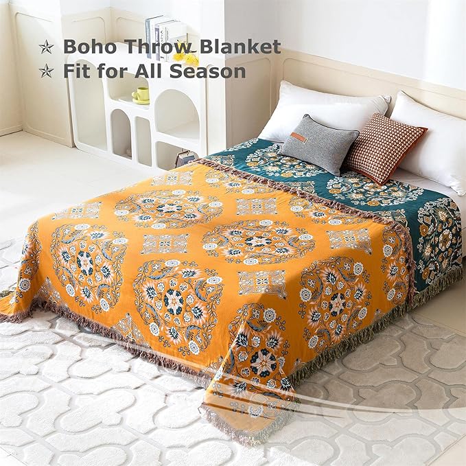 Boho Throw Blanket for Bed - 100% Cotton Ultra Soft Rustic Quilt Fall Blanket - Floral Printed Farmhouse Decor Bed Blankets,90"×98" All Season Rustic Throw for Sofa Couch Chair
