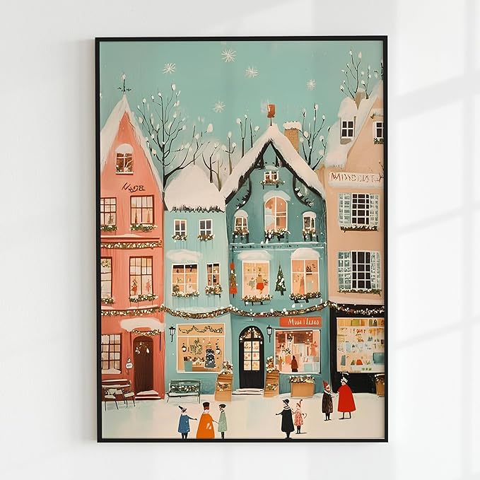 OZCONO Retro Winter Town Art, Pastel Christmas Village Decor, Xmas Print, Cozy Holiday Home Accent, Seasonal Wall Artwork for Festive Interior Style (Unframed) (16x24)