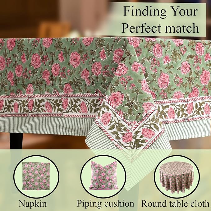 CPC Tablecloth 100% Cotton 70x118 Inch Indian Block Print Rectangle Table Cover, Table Cloth for Weddings, Spring/Summer, Barbeque - Pink Tourmaline