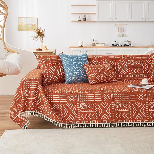 VClife Couch Cover Japanese Style Sofa Cover with Tassel, Soft Chenille Boho Couch Covers Oversize Sofa Covers Washable White Caramel Furniture Cover for Living Room 71''x150''