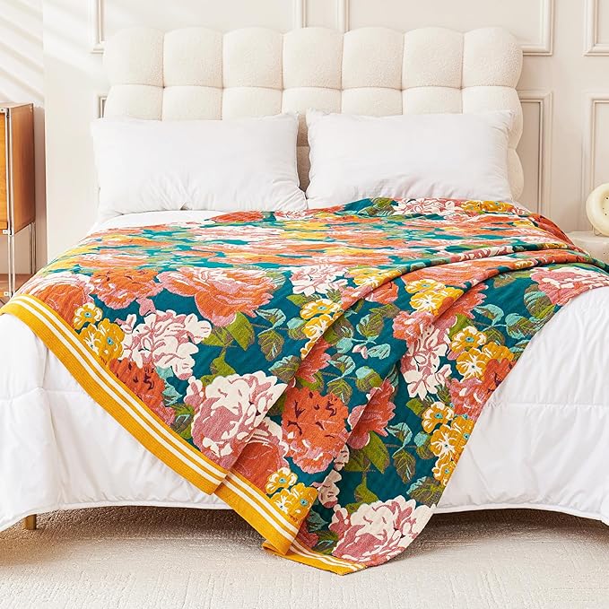 Boho Throw Blanket, 100% Organic Cotton Breathable Ultra Soft 80" x 90" Bed Quilt Throw - All Season Floral Rustic Farmhouse Decor Luxury Reversible Blanket for Sofa Couch Chair and Gift