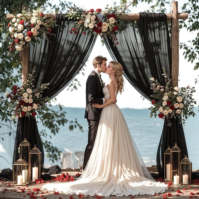Wedding Arch Draping Fabric,2 Panels 18FT Black Sheer Chiffon Curtain Drapes 6 Yards for Wedding Ceremony Birthday Party Decoration