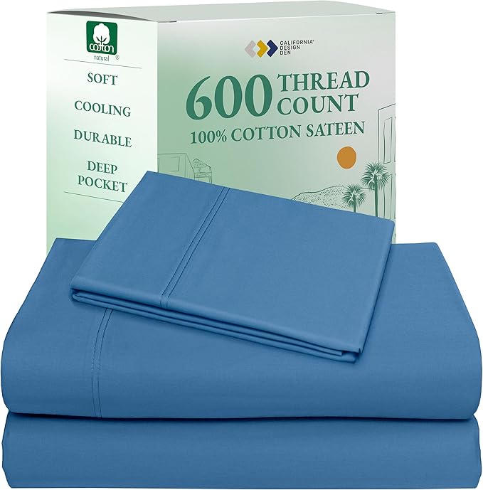 California Design Den Extra Long Twin Sheets Set - Luxury 600 Thread Count Sateen, Natural 100% Cotton XL Twin Sheet Set, Fully Elasticized Deep Pockets, Durable Bedding for Dorm Room - Parisian Blue