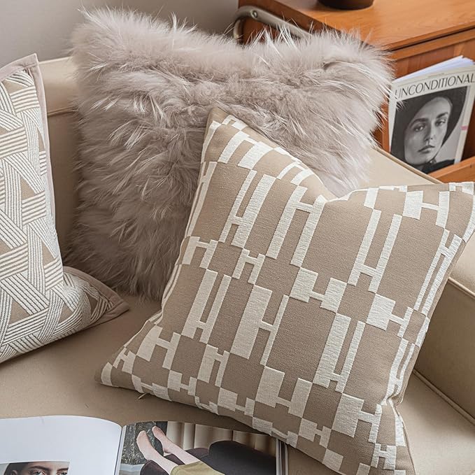 2025 New 22x22'' inches Throw Pillow Cushion Covers - Beige H Letter Chenille Jacquard Embroidery Luxury Modern Style Couch Sofa Bed Pillow Cover for Living Room Bedroom
