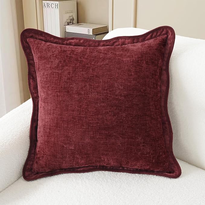 CaliTime Throw Pillow Covers Decorative 18 X 18 Inches Pack of 2 Cozy Chenille Scalloped Wavy Edge Cushion Cases for Couch Sofa Bed Living Room Farmhouse Burgundy