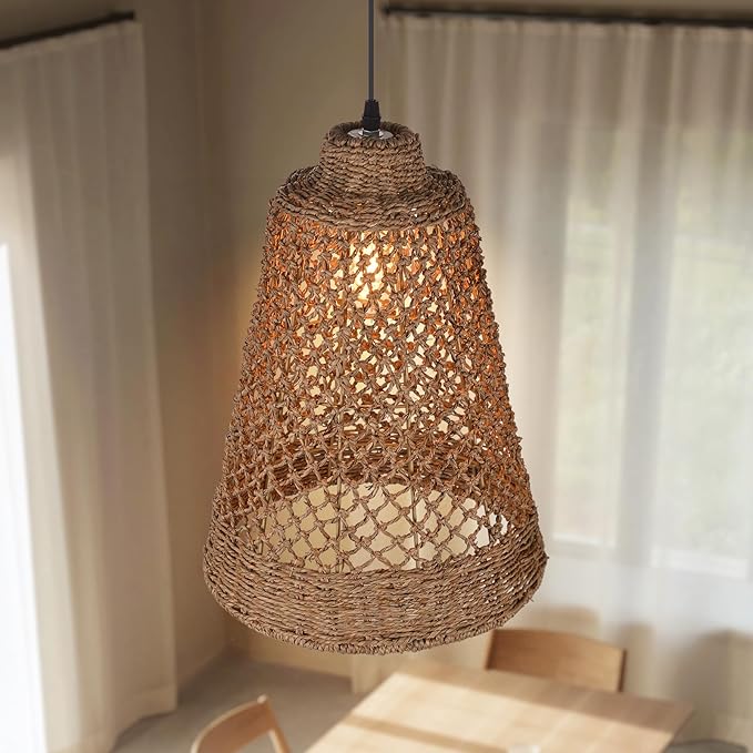 Arturesthome Wicker Pendant Light Fixture Basket Rattan Chandelier Handmade Pendant Lighting for Dining Table Restaurant Foyer D 11.8″* 15.7″