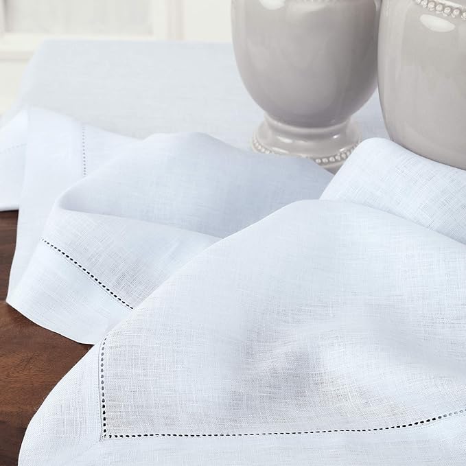 Solino Home Light Blue Linen Tablecloth 60 x 90 Inch - 100% Pure Linen Hemstitch Table Cloth for Rectangle Tables - Classic Hemstitch, Machine Washable Tablecloth