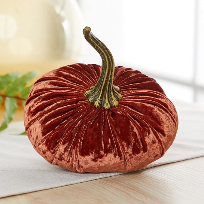 Set of 3 Velvet 6.25 Inch Pumpkins, orange pumpkins, pumpkin spice, elegant luxe accent for table, gift set basket for her, Thanksgiving centerpiece, hygge home (Luxe Brass, Burnt Orange, Gold)