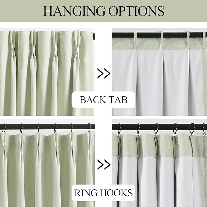 Vision Home Soft Green Pinch Pleated Full Blackout Curtains Linen Blended Room Darkening Window Panels 95 inch for Living Room Bedroom Thermal Insulated Pinch Pleat Drapes with Hooks 60" Wx95 Lx1