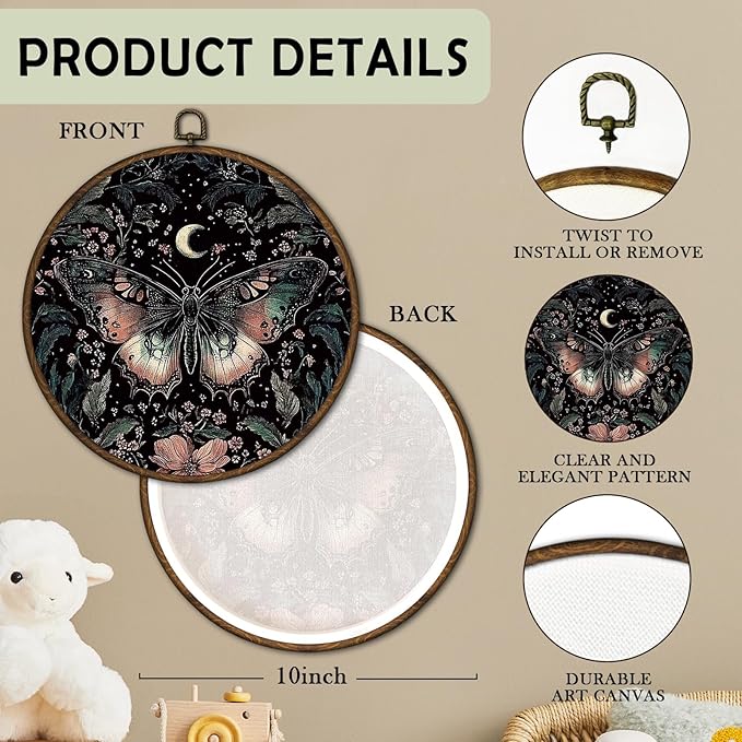 cvjutf Gothic Butterfly Wall Art Framed, Butterfly Bathroom Decor, Witchy Moth Round Wall Decor, Dark Cottagecore Moth Canvas Prints Art for Gallery Bathroom Bedroom Living Room, 10x10 Inch