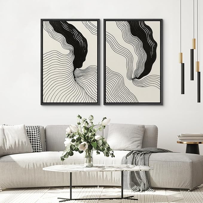 SIGNWIN Framed Canvas Print Wall Art Set Abstract Black Line Flow Minimalist Modern Art Minimal Boho Relax/Calm for Living Room, Bedroom, Office - 24"x36"x2 Black
