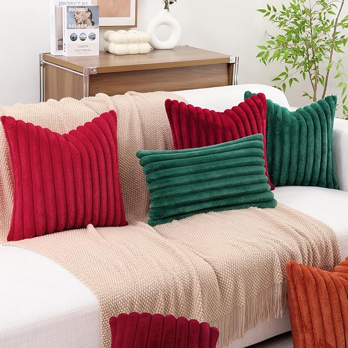 decorUhome Faux Fur Christmas Throw Pillow Covers 12x20 Set of 2, Decorative Soft Plush Striped Lumbar Neutral Couch Euro Pillow Covers with Velvet Back for Sofa, Bed, Living Room Home Decor, Red