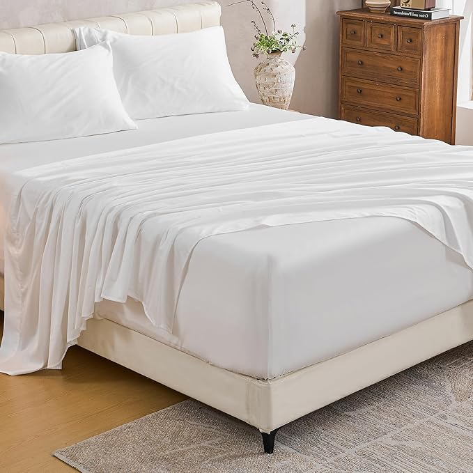 MEISHANG Extra Deep Pocket Cotton Sheets King Size - 100% Egyptian Cotton 1000 Thread Count - Fits 18"-24" in Deep Mattress,Oeko-Tex Certified, Soft & Breathable - 4 Piece (King, White)