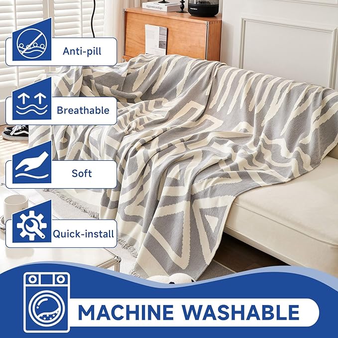 VClife Boho Couch Cover Soft Thick Chenille Couch Covers for Sectional Sofa, Bohemian Jacquard Couch Cover for 2 Cushion Couch Sofa Washable Breathable Furniture Protector, White and Gray, 71"x118"