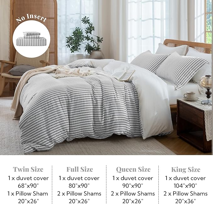 MILDLY Grey Striped Duvet Cover - 100% Washed Cotton Jacquard Boho Textured Comforter Cover 2pcs with Corner Ties Zipper Closure 68"x90"