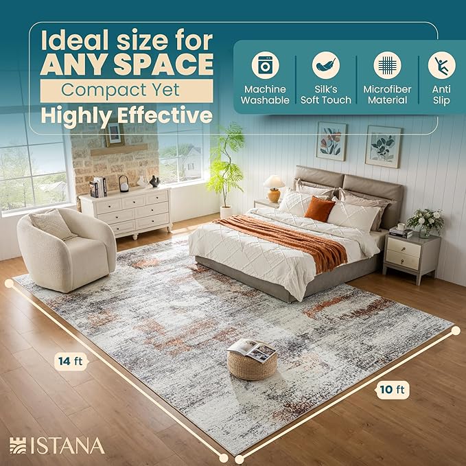 Istana Living Room Rug 10x14 - Grey Multi 10 x 14 Area Rug - Foldable Machine Washable Area Rugs 10x14 - Stylish 10x14 Area Rugs Boho - Stain Resistant Washable Rug 10x14