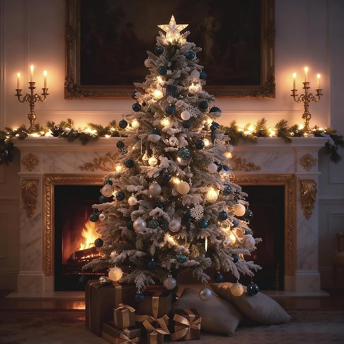 7ft Snow Flocked Prelit Christmas Tree Decorations with 300 Dual-Color LED Lights, Lighted Artificial White Xmas Tree for Indoor Decor,Living Room with 1878 Tips, Metal Stand,Plug-in